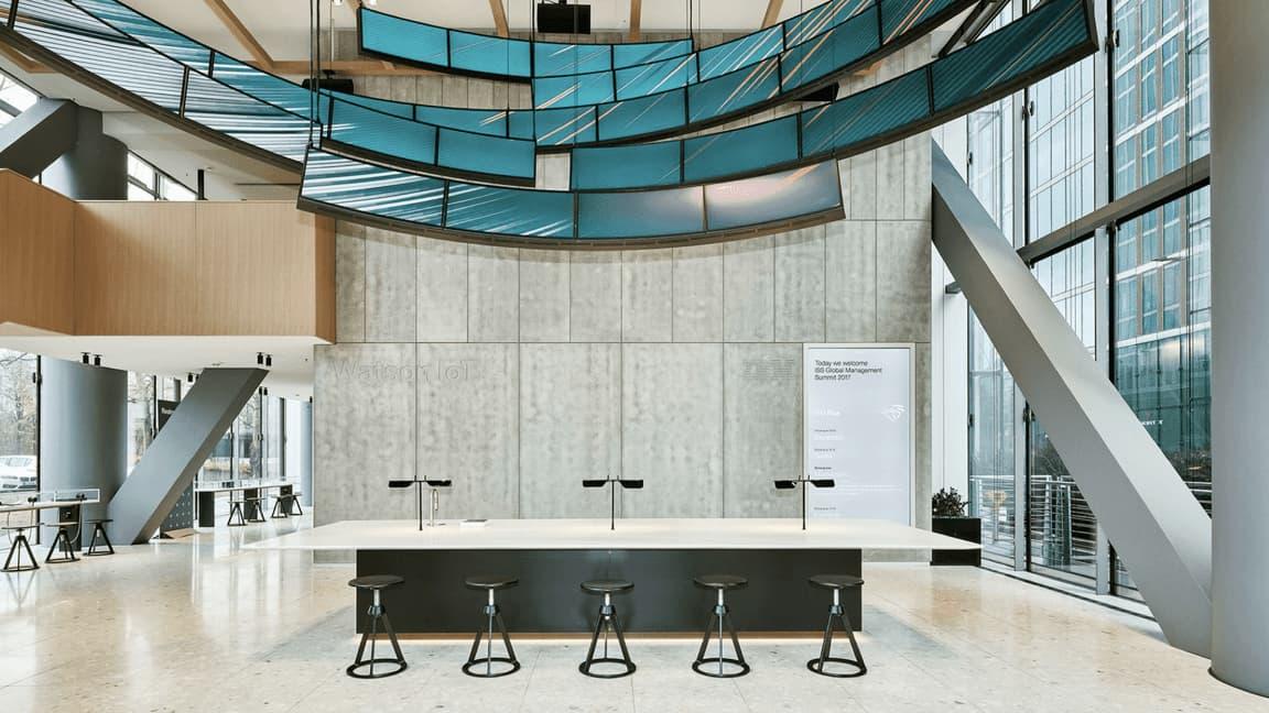 modern lobby with curvilinear art